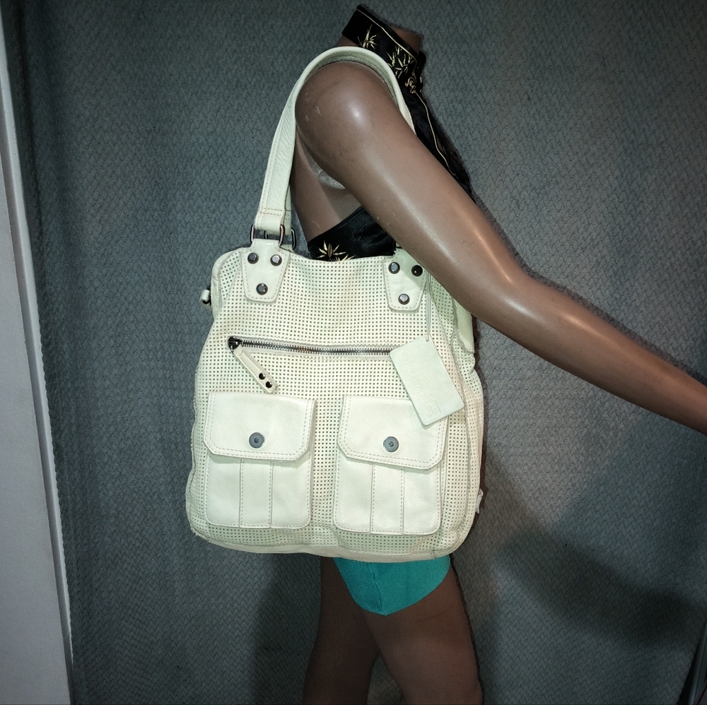 Linea Pelle Collection Cream Color Dylan Perforated Leather Tote Bag.